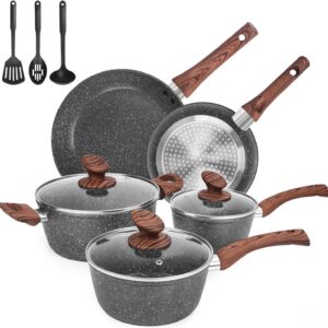 Pots and Pans Set, Pre-Installed Nonstick Granite Pots and Pans, 11 Piece Die-Casting Cookware Sets